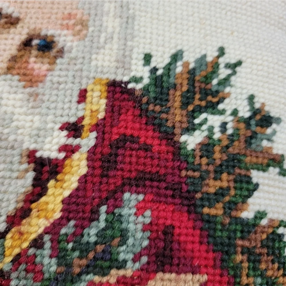 Vintage Old Fashioned Santa Claus Accent Pillow Needlepoint Velveteen Backing